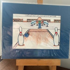Vintage Bowling Alley Cartoon Art Print with Blue Matte Chuckies